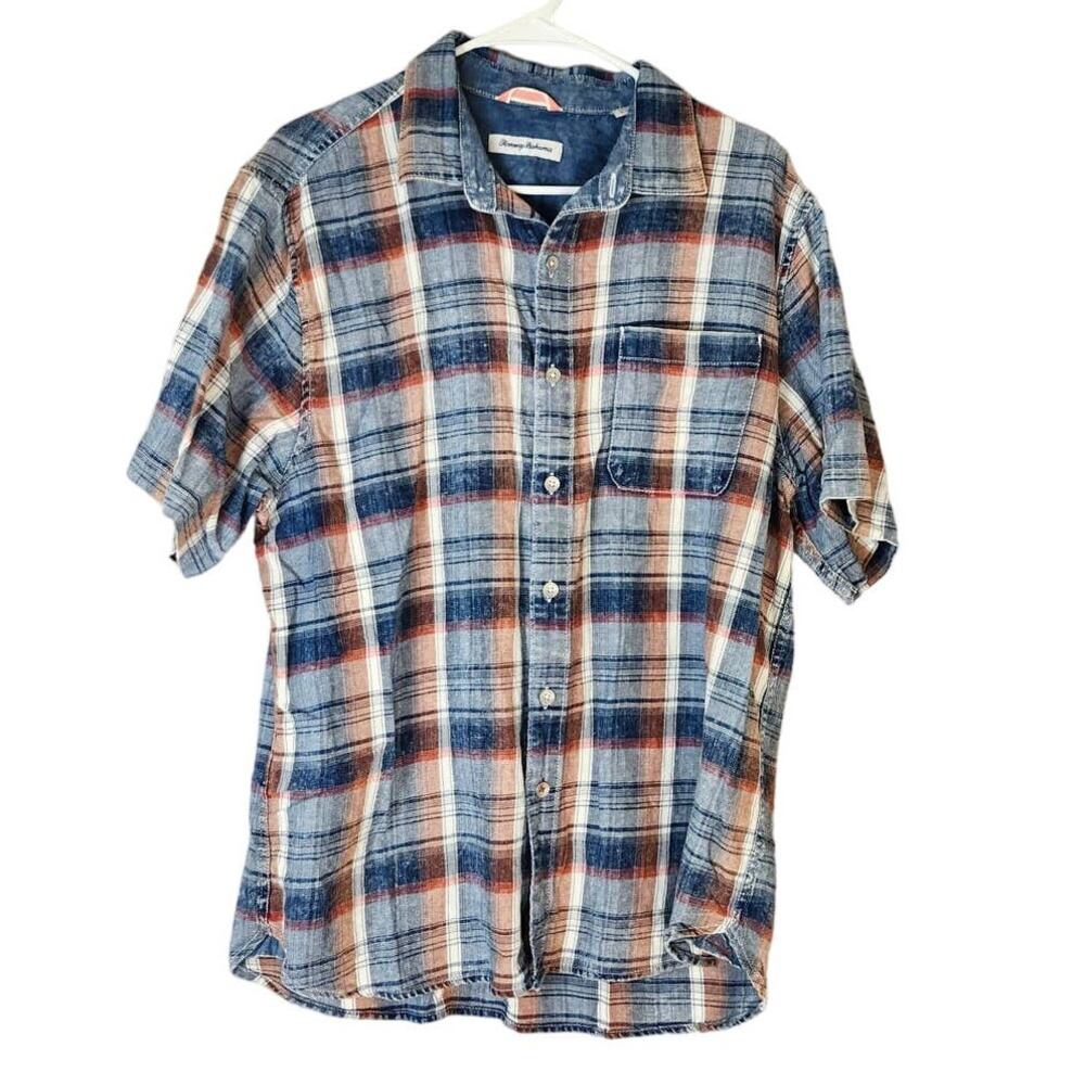 Tommy‎ Bahama Button Down Shirt Blue Red Plaid Short Sleeve Cotton Size Large
